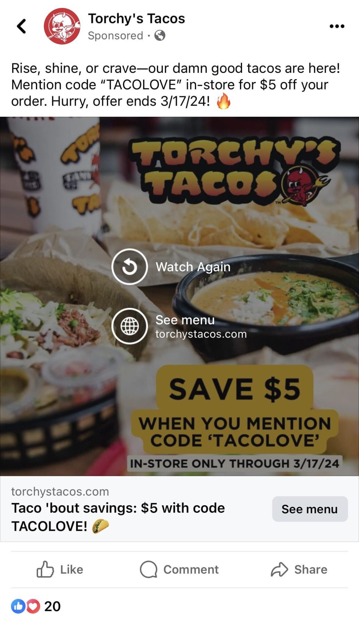 $5 off any order Torchy’s Tacos. In person only. Tell cashier Tacolove. Expires 3/17.