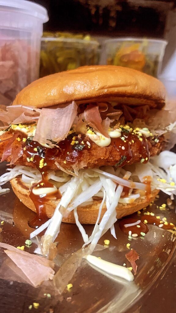 Chicken katsu okonomiyaki sandwich