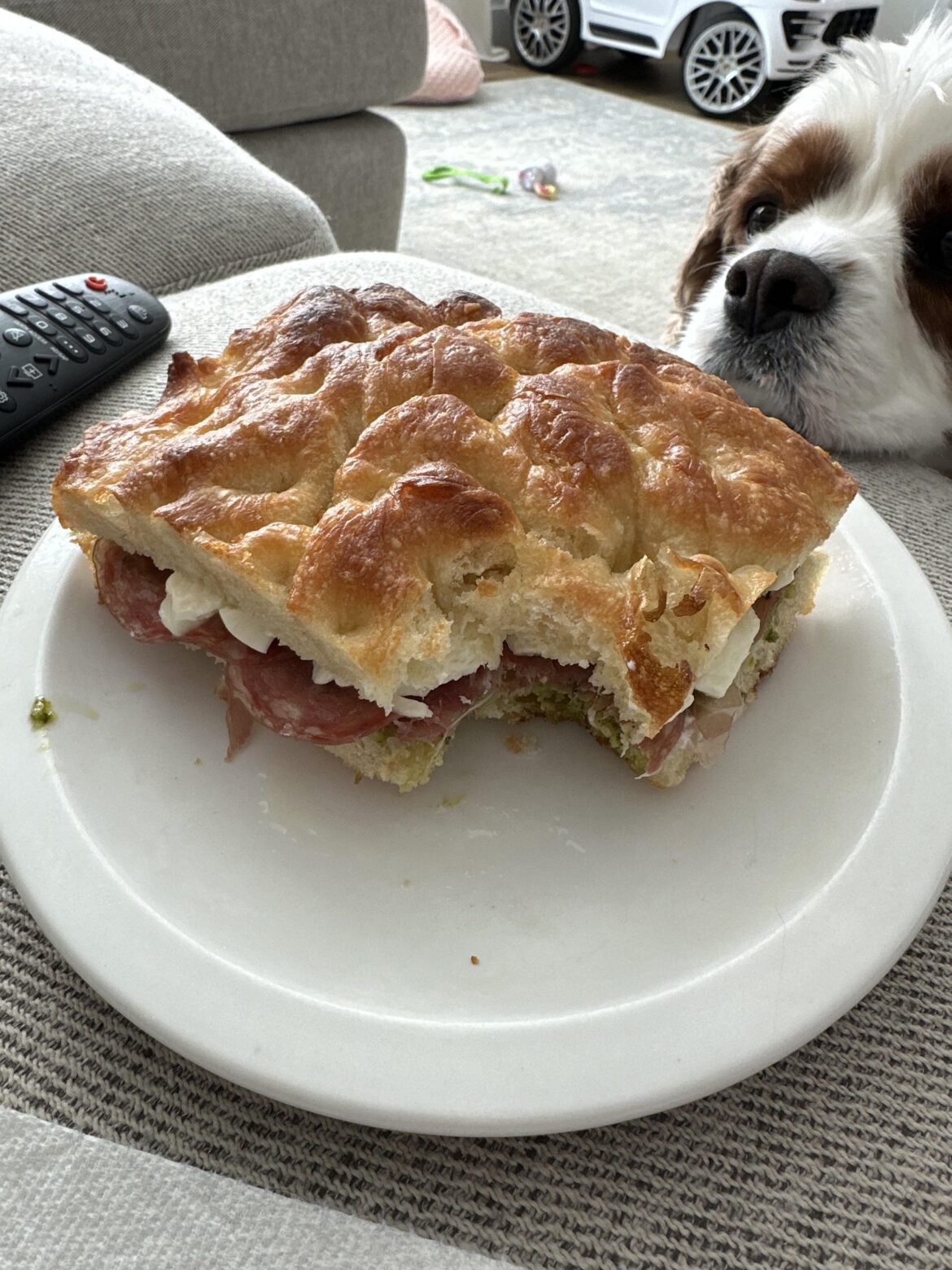 Homemade focaccia with pesto, salami, prosciutto, mozzarella, and some herbs de Provence oil