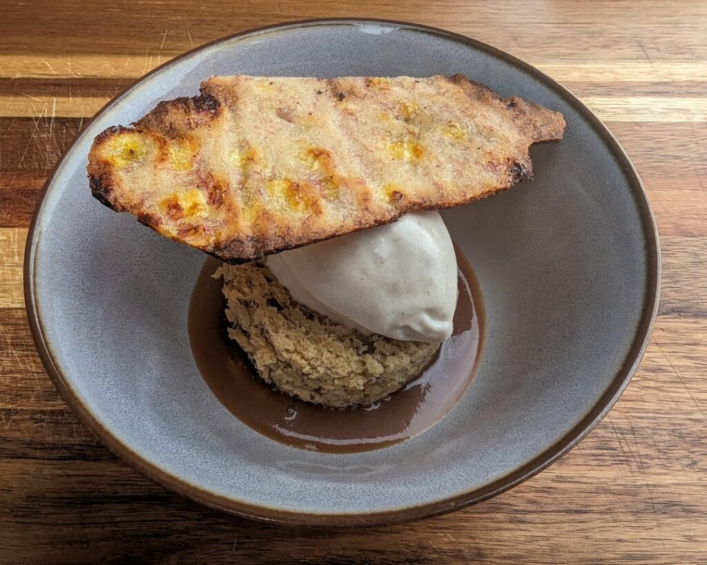 Banana 4 ways. Banana tuile, banana ice cream, banana sponge cake, banana caramel.