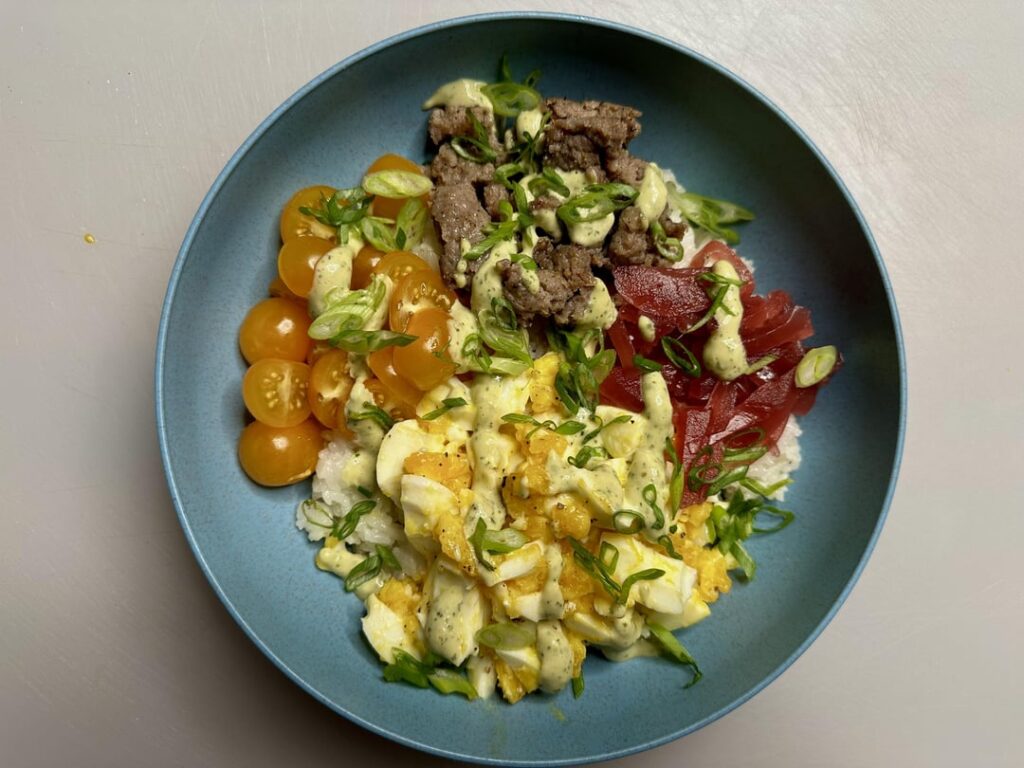 Rice and egg breakfast bowl.