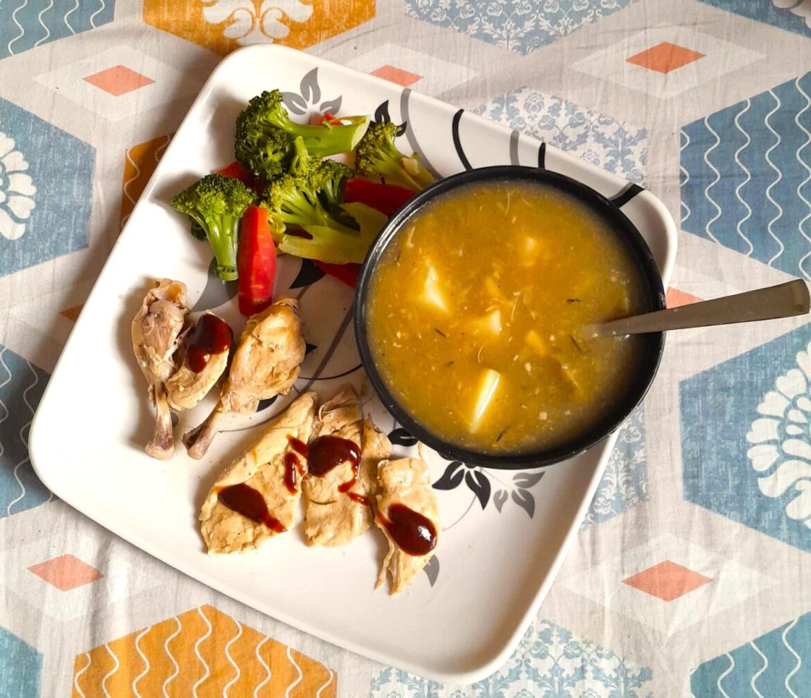 Tender Herb Chicken with BBQ sauce, steamed veggies and Shredded chicken potato chunks soup