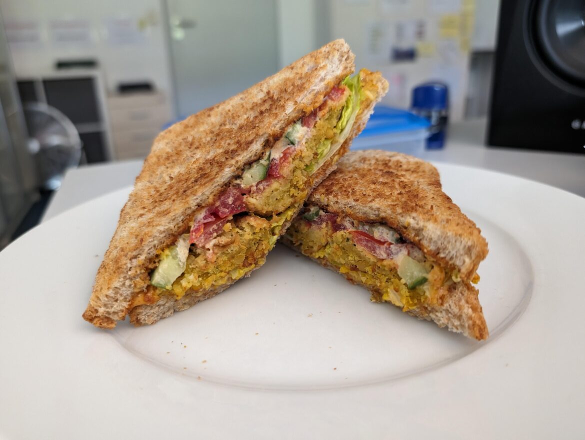 Falafel, Chili Mustard Mayo on full grain toasted bread for breakfast
