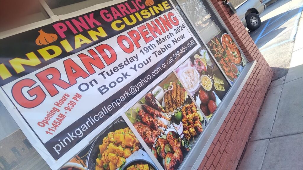 2nd location opening Allen Park with dine in. On Ecorse next to Wishbone Chicken. I'm so excited 😊 Pink Garlic top rated Indian Cuisine