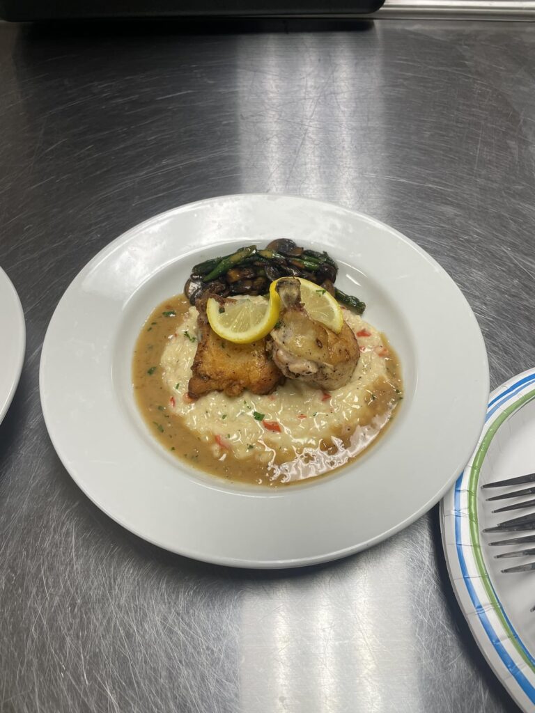 Roasted chicken, Parmesan red pepper risotto, sautéed asparagus & mushrooms, francese sauce.