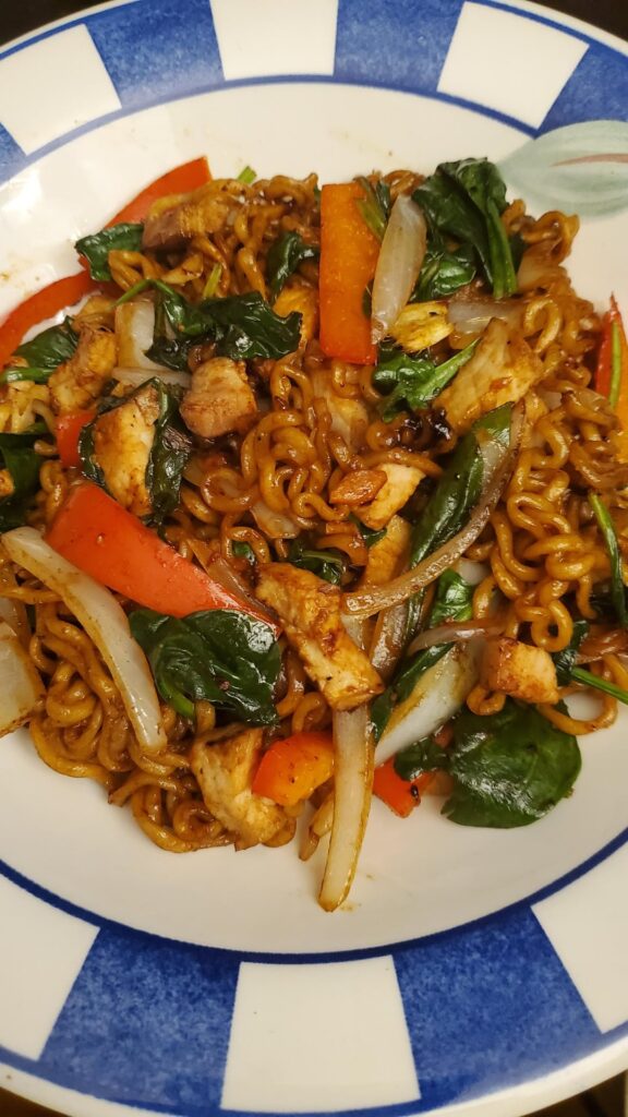 Made a quick pork stir fry using Chapagetti Jjajang instant noodle pack. Just add available veggies and leftover pork loin.