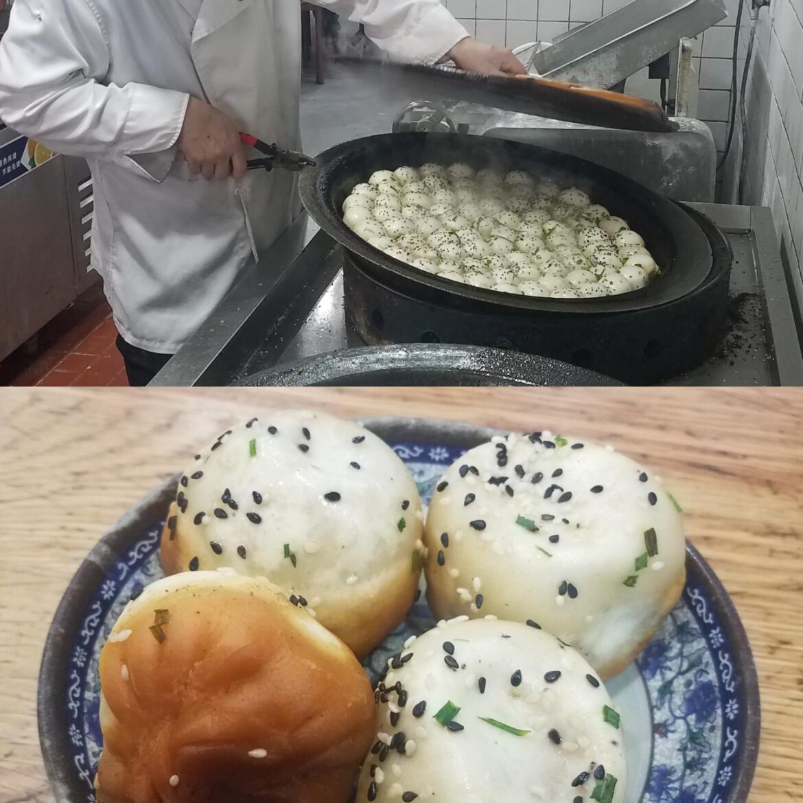 More Shanghai breakfast bites: Sheng Jian Bao. Soup dumplings with thick crusty skins.