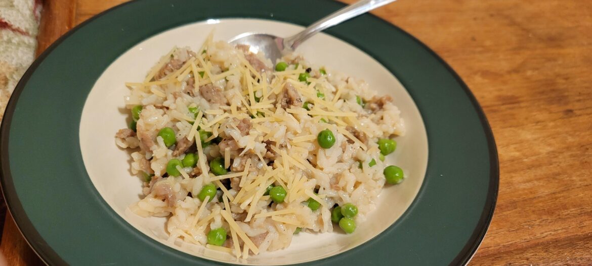 Sweet italian sausage and pea risotto with parmesan and lemon
