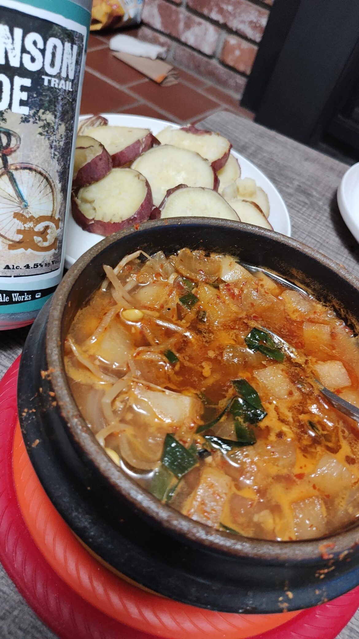 Dinner: Jjigae, Steamed Sweet Potato, and a blonde beer!