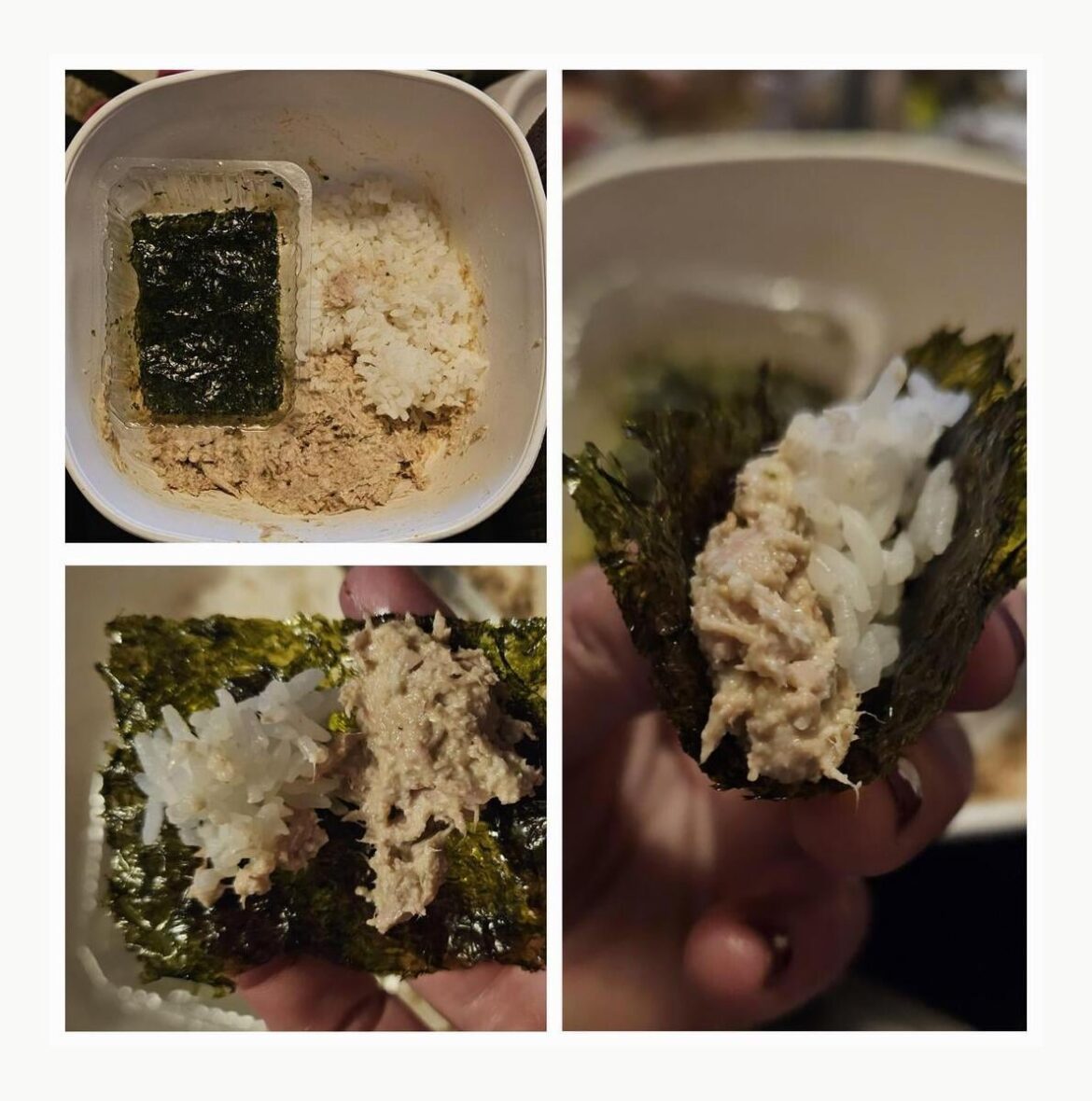 I remember eating trlangle gimbap very fondly. This is my lazy version with roasted gim, canned tuna, cashew mayo, wasabi and soy sauce.