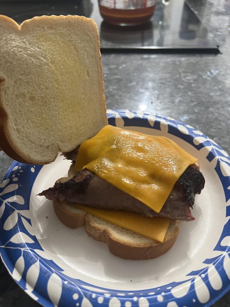 Pulled pork and sharp cheddar cheese sandwich