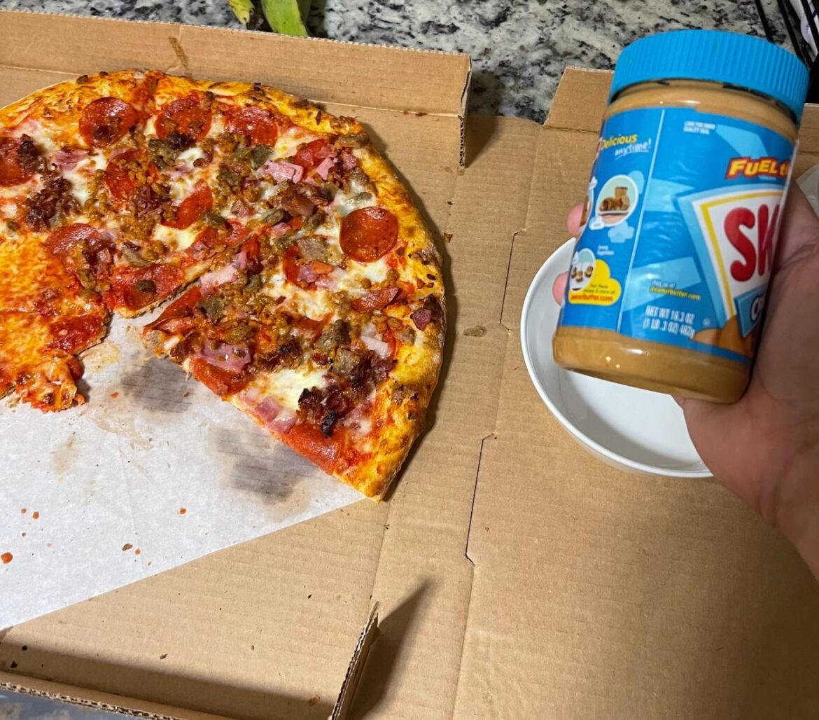 Warmed Peanut Butter on Meat Lovers pizza