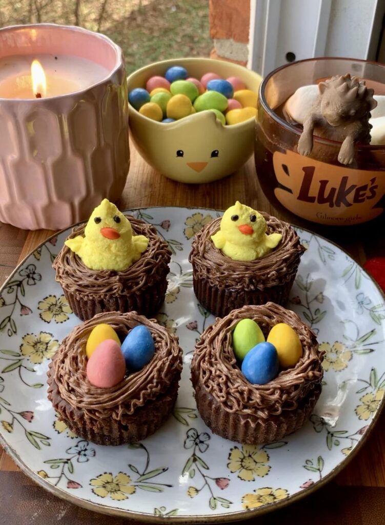 Craving chocolate so i made mini chocolate bird nests cheesecakes with whipped cream chicks