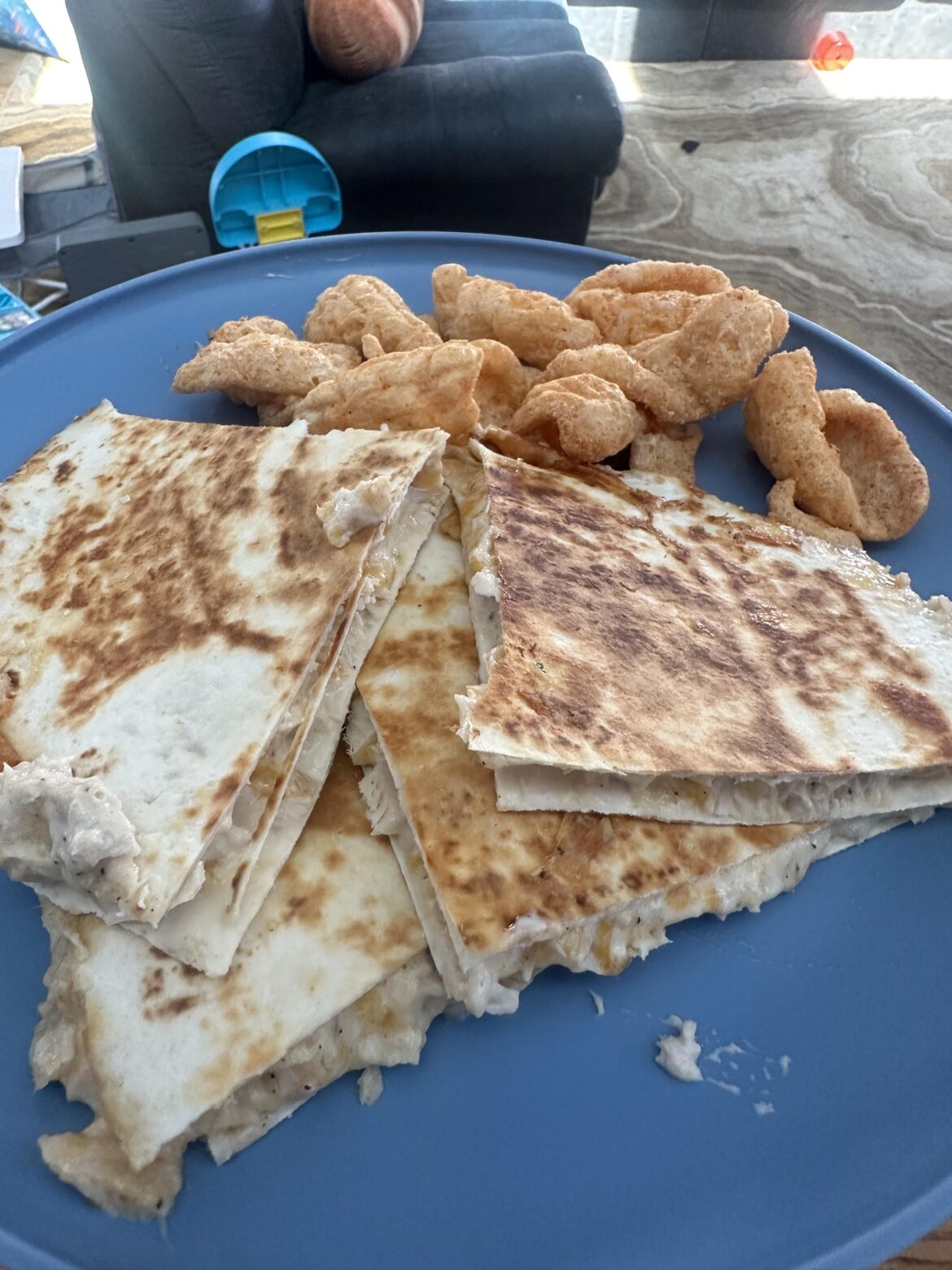 Tuna melt quesadilla n pork grinds