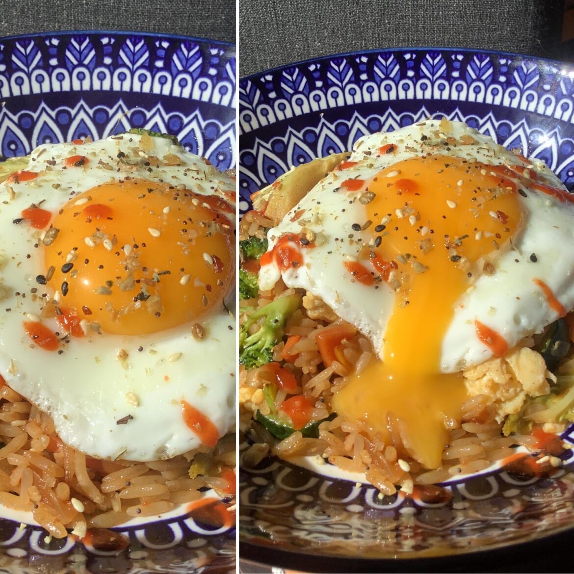 Leftover vegetable fried rice with a sunny.