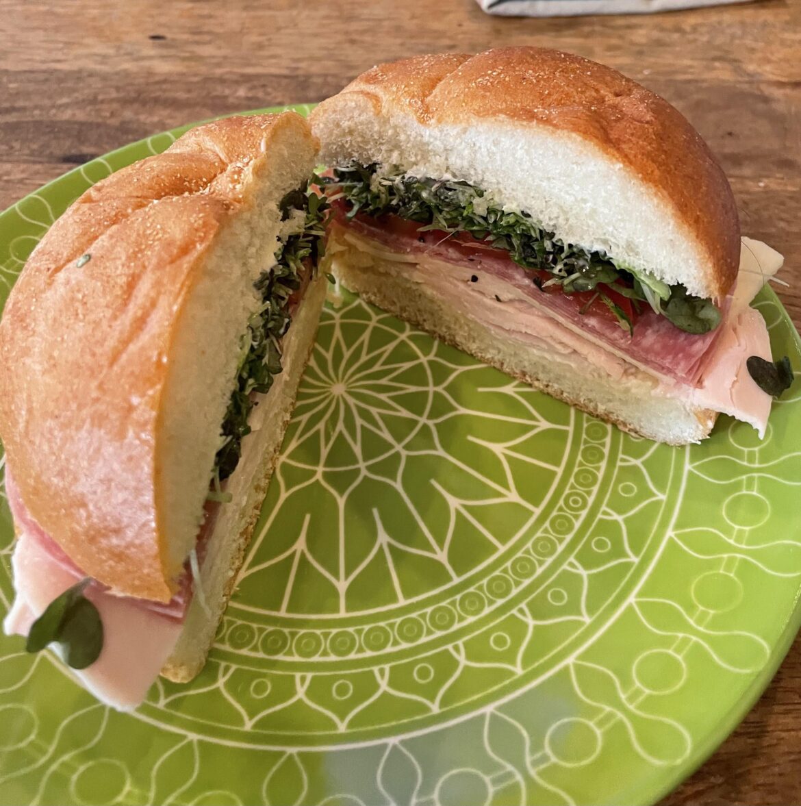 Turkey, salami, baby Swiss, mayo, tomato & spicy microgreens