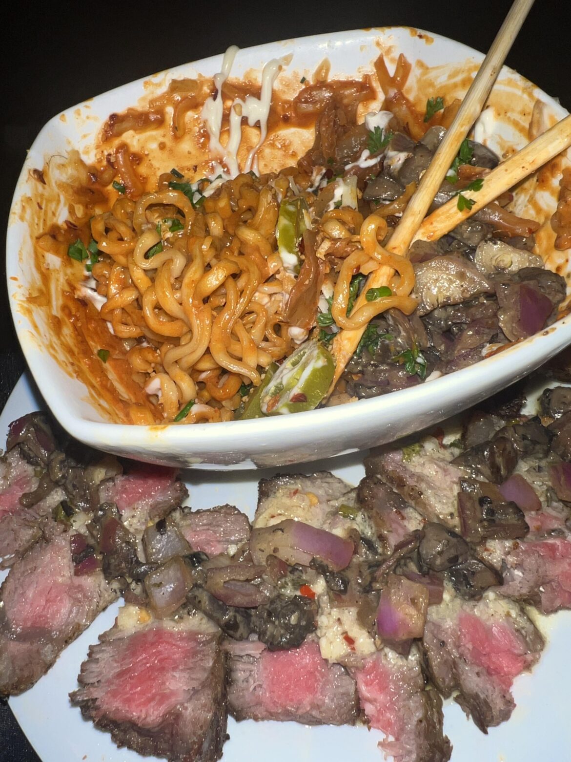 2x spicy buldak ramen with steak (topped with onions and mushrooms) - I also added hot kimchi, jalapeños, and habenero cheese to the ramen.