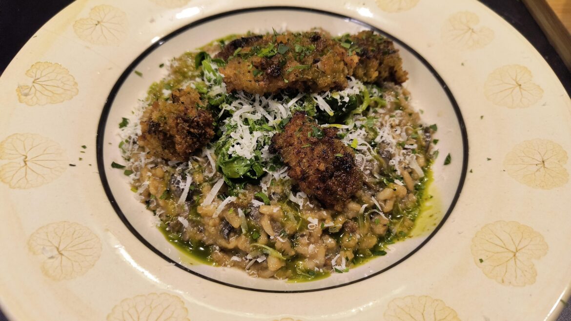 Fried Oysters with Mushroom Risotto and Water Creas