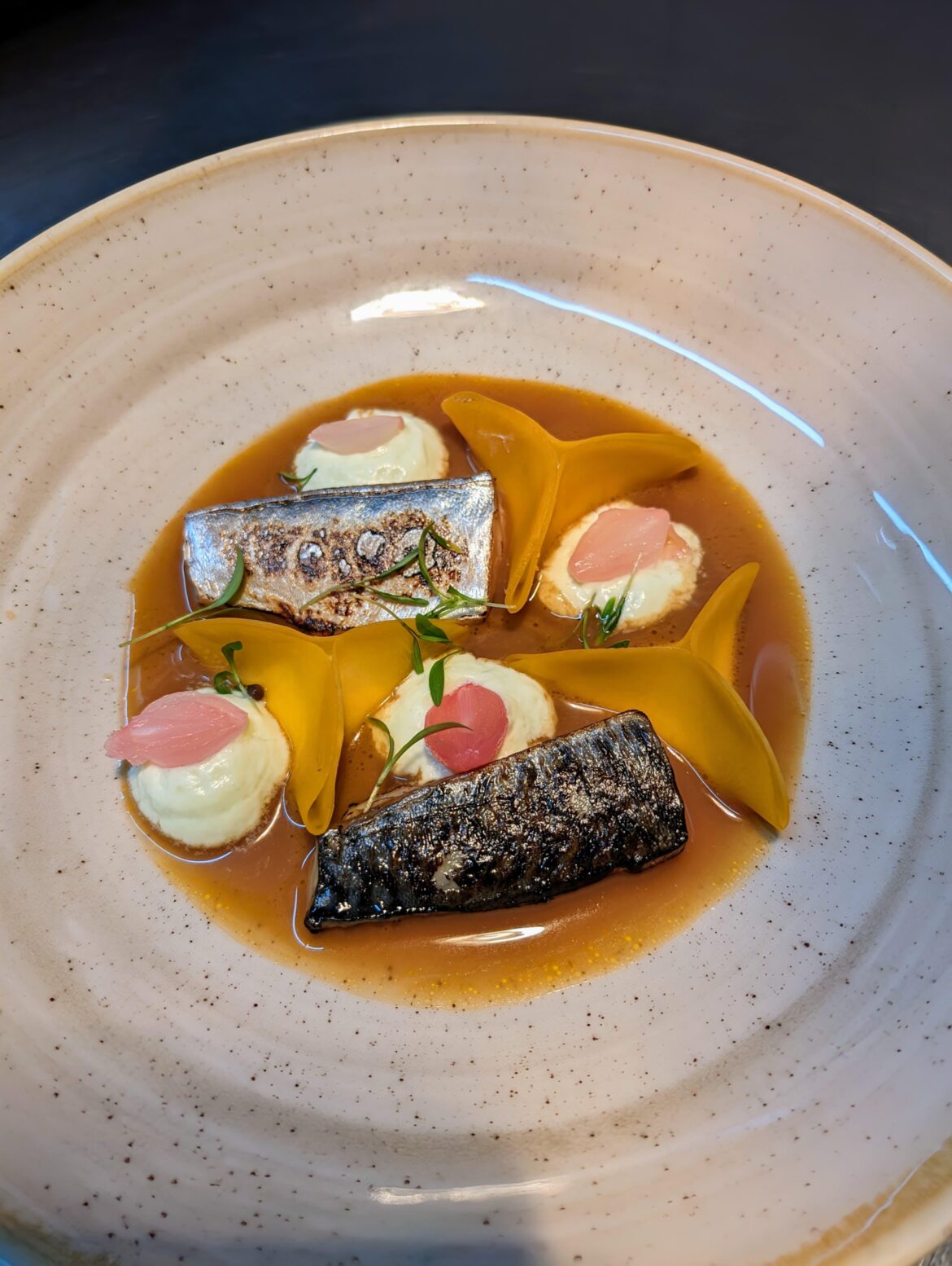 "Ceviche" flambéed Mackerel| Butternut Fagottini| Goat cream cheese-cucumber filling| Grenadine-pickled pearl onions| Jalapeño-Espuma| Leche de Tigre