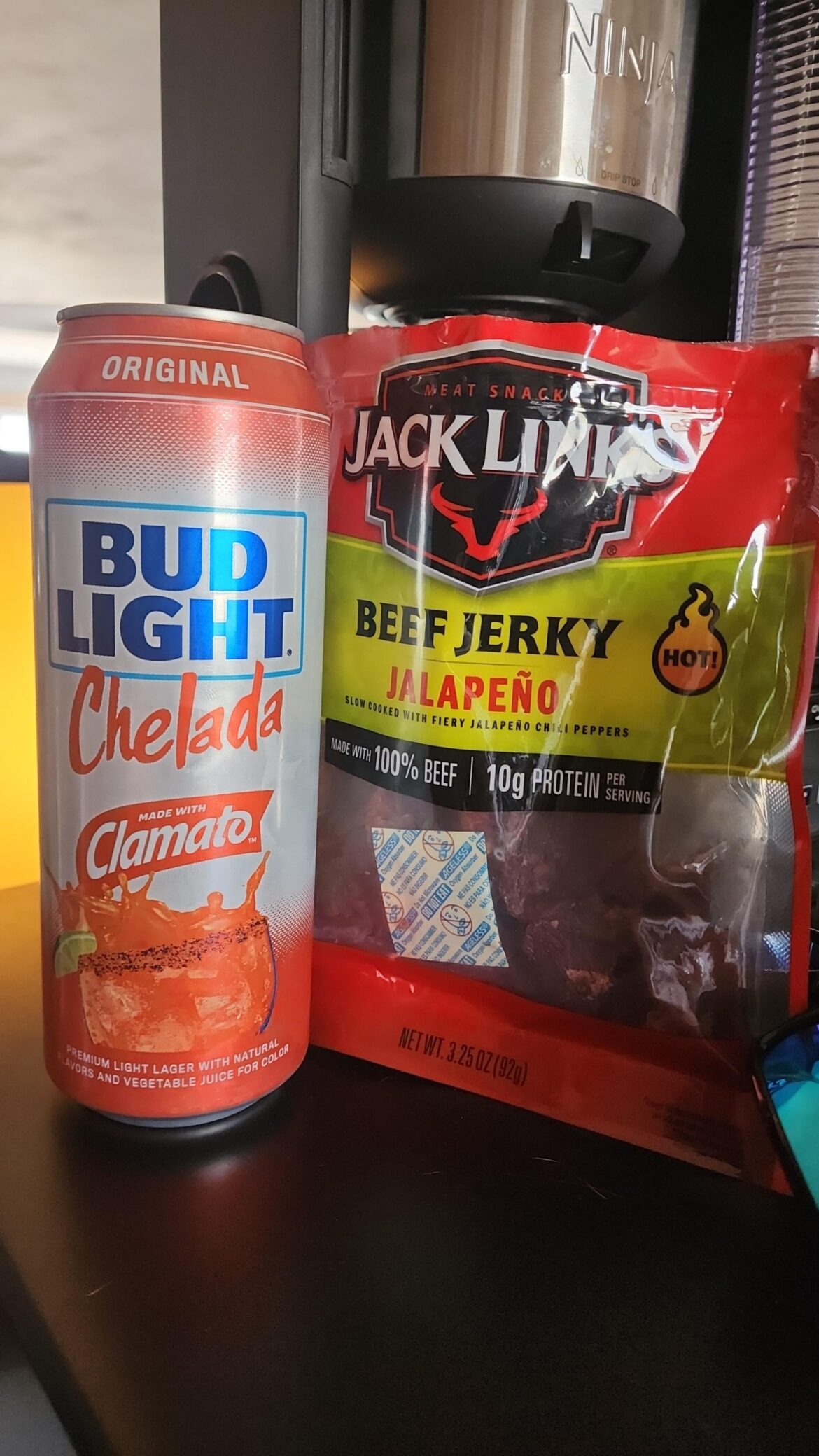 Jack's Links Jalapeño Beef Jerky washed down with Origional Bud Light Chelada Clamato is Heavenly