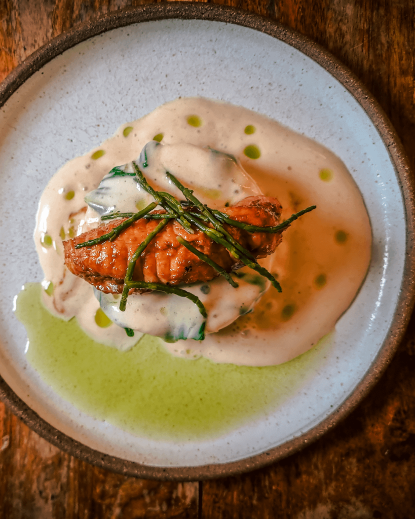 Little experiment: Welsh cider (Black Dragon) poached Monkfish glazed with Soy and Gower salted honey sauce; neeps and tatties; a black garlic, miso and galangal Béchamel espuma; butter braised bak choi; dill oil and finished with pickled samphire [OC]