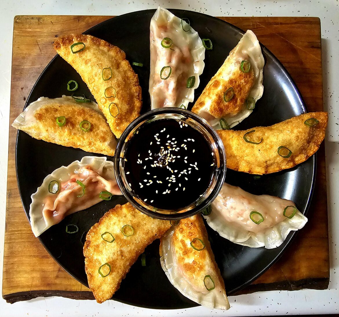 Char Siu Chicken Dumplings Fried, Steamed, & Pan Fried in Bacon Fat