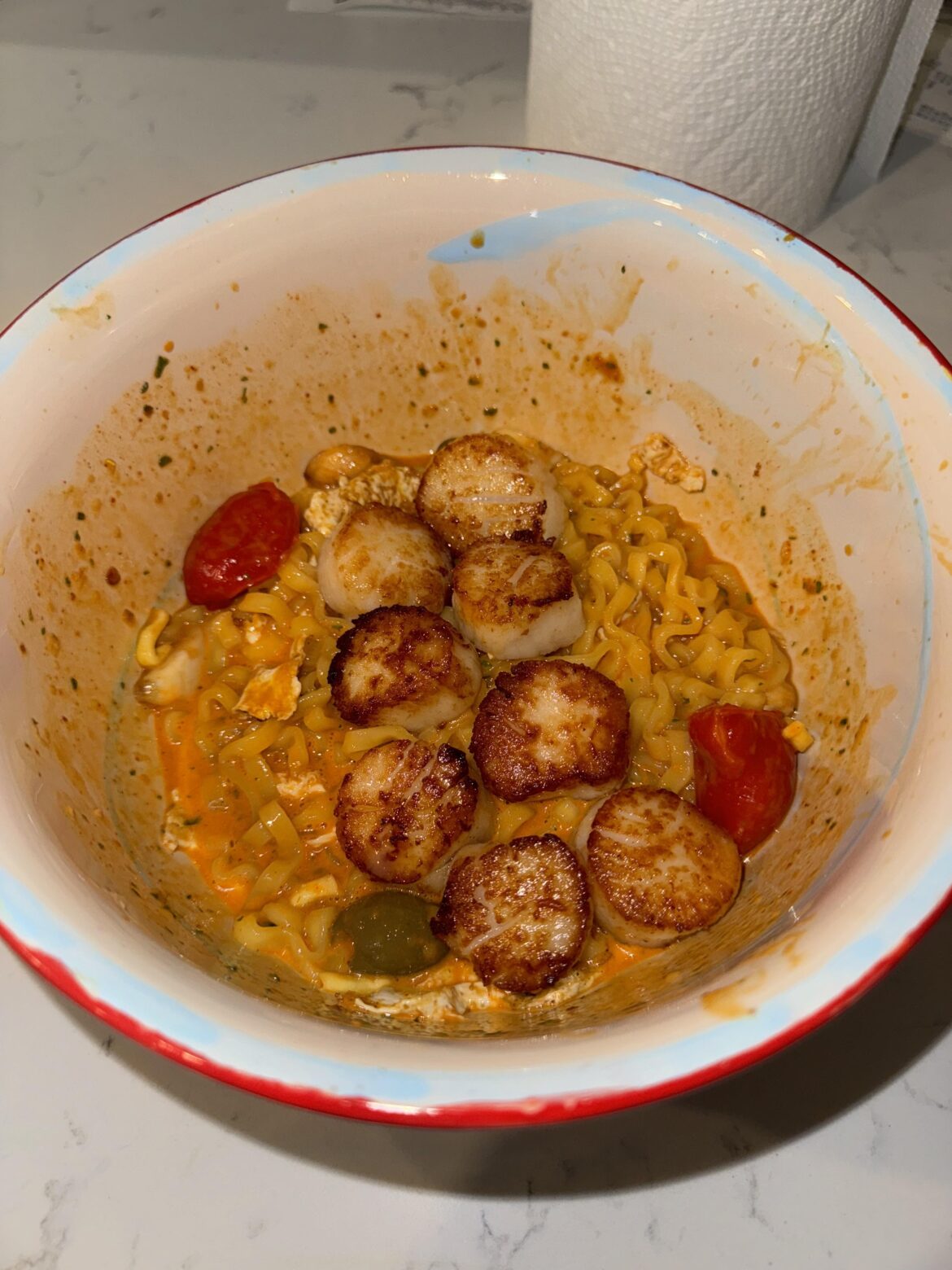 Buldak Carbonara...with some seared scallops and roasted garlic