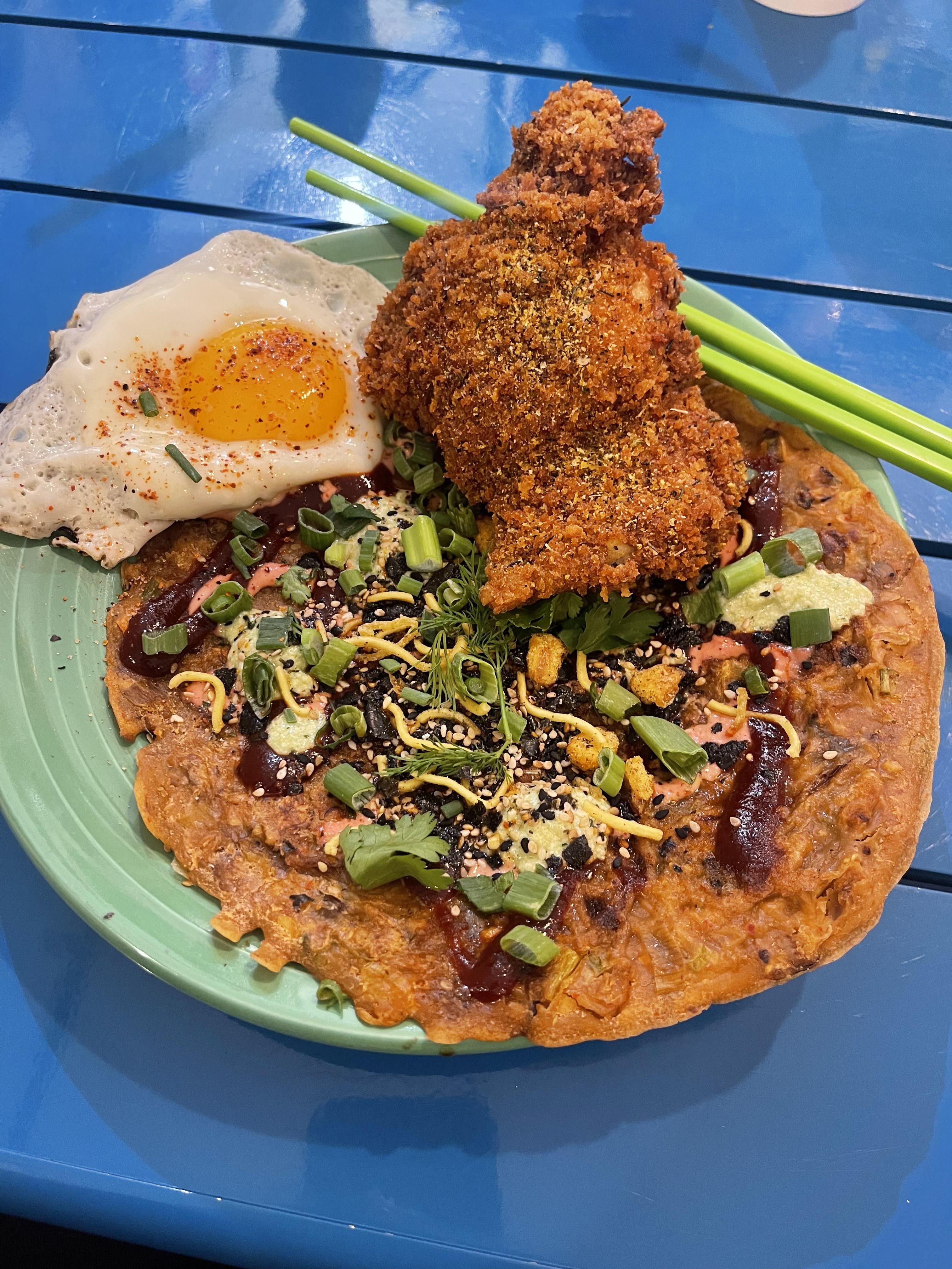 Okonomiyaki with fried chicken from Sauce and Bread Kitchen Dining
