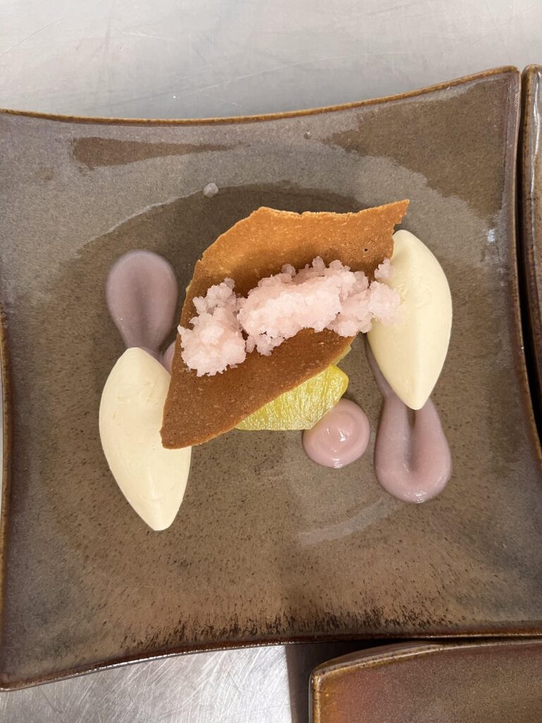 Coconut vanilla bavarois, sous vide pineapple with Batak pepper, lychee gel/granite and coconut tuille Coconut vanilla bavarois, sous vide pineapple with Batak pepper, lychee gel/granite and coconut tuille