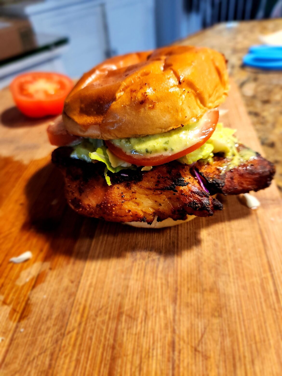 Grillied chicken on Brioche bun with pesto mayo.