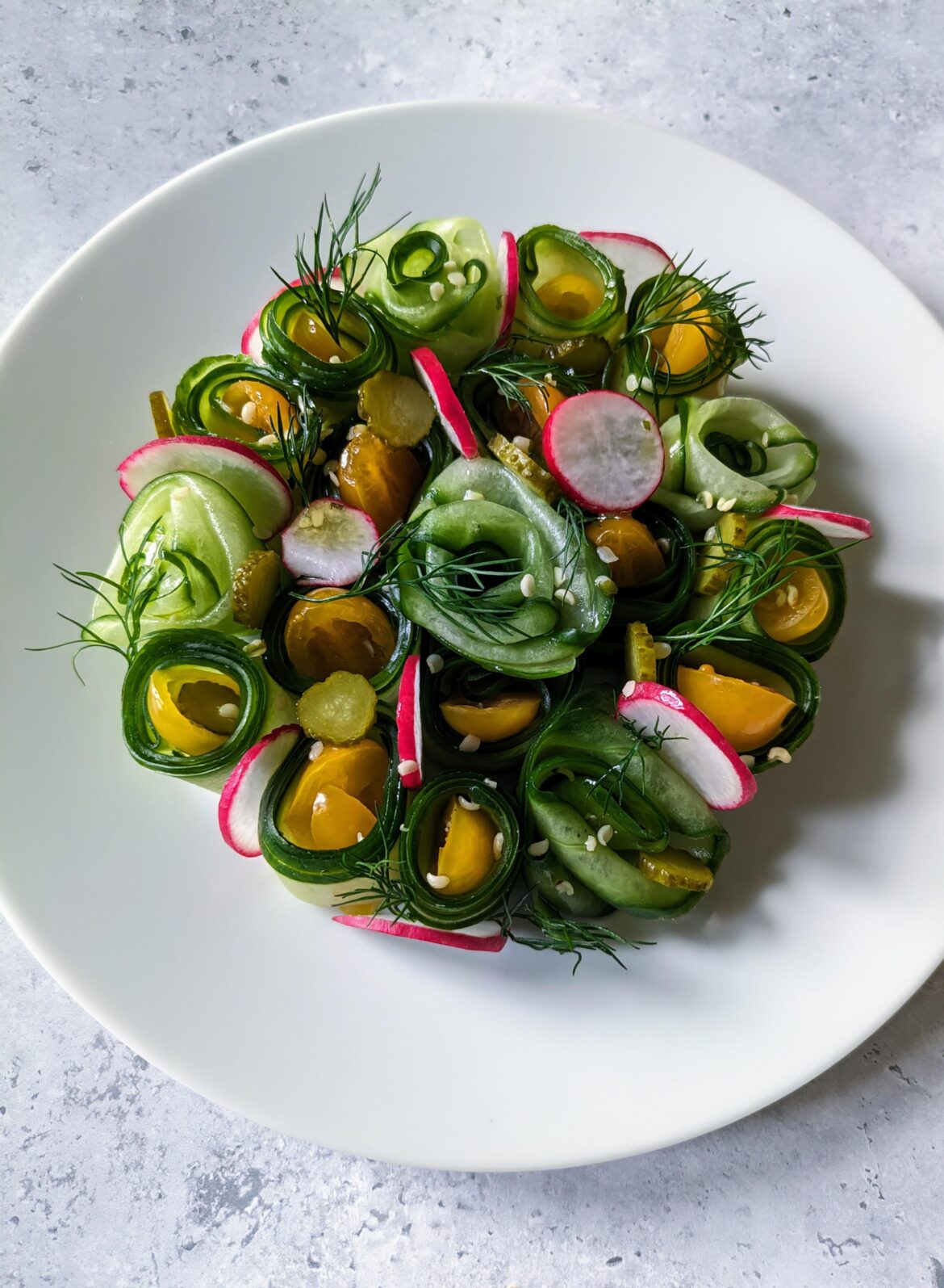 Salad | Salted Cucumber, Radish, Dill, Pickled Gherkins, Maple Tomatoes, Hemp Seeds | Olive Lemon Mustard Dressing