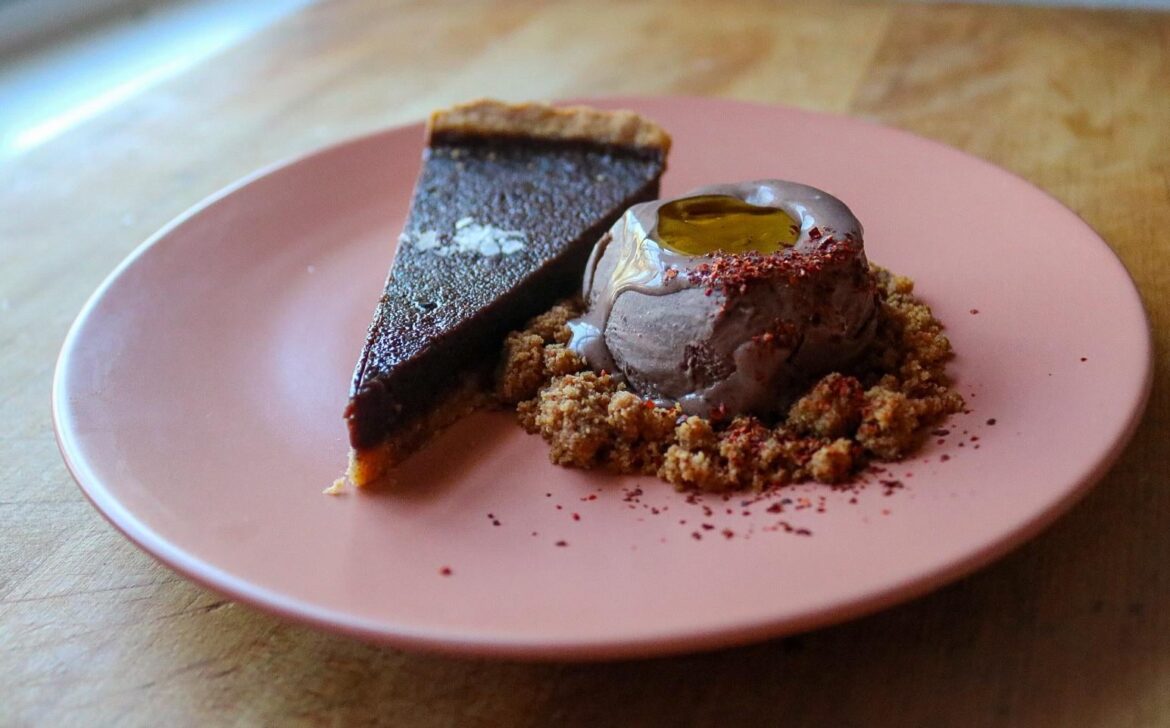 Chocolate Tart, Spicy Chocolate Ice Cream, Smoked Olive Oil, Brown butter Crumb