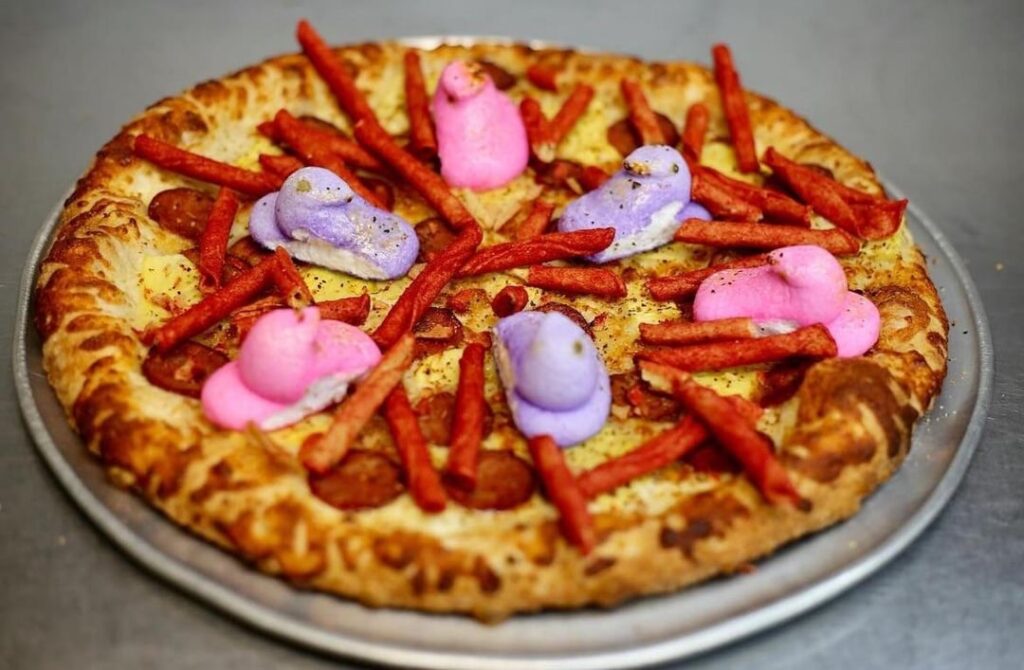 Local pizza bar is selling a pizza with Peeps & Takis