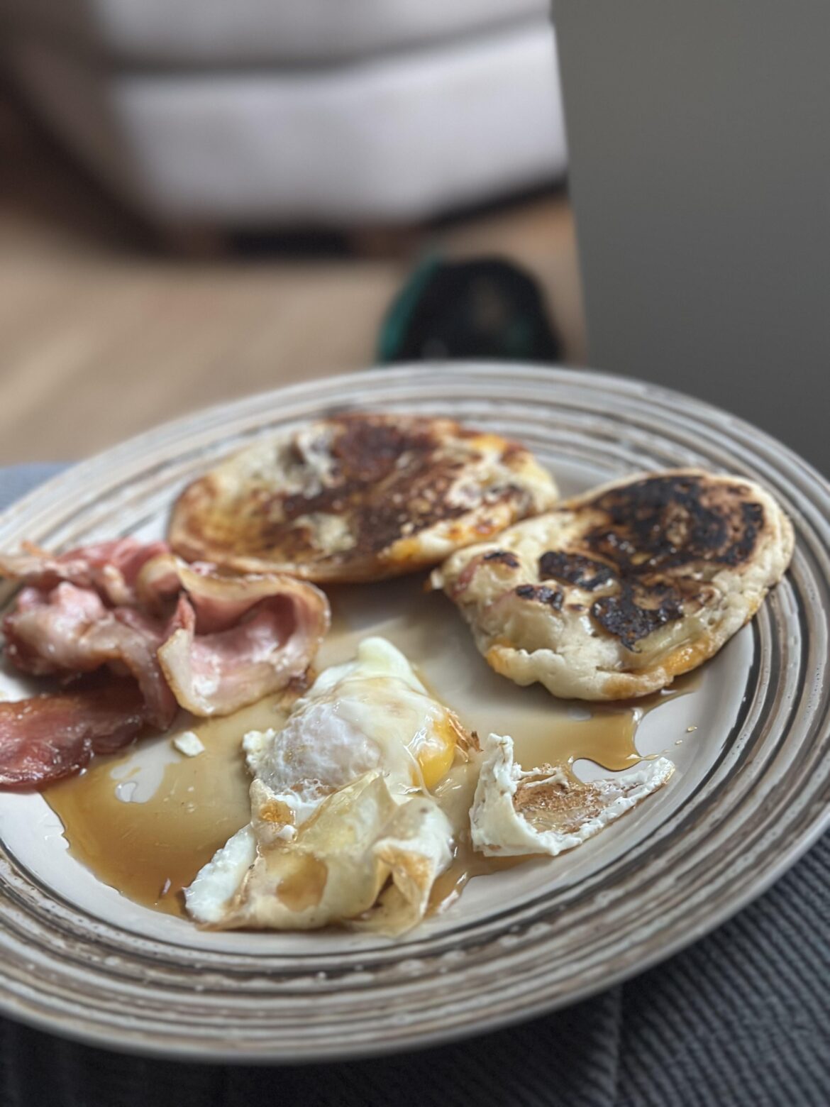 Apple cheddar pecan pancake and bacon and egg