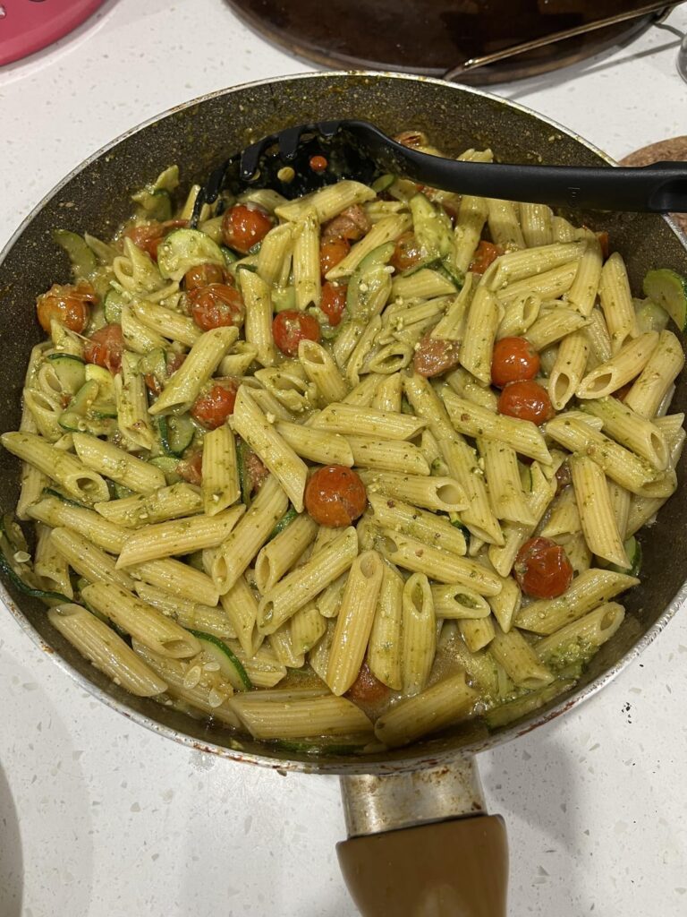 Plant based pesto penne and roast tomato with pine nut pangrattato and pear salad (they forgot the pears so no pear salad lol)