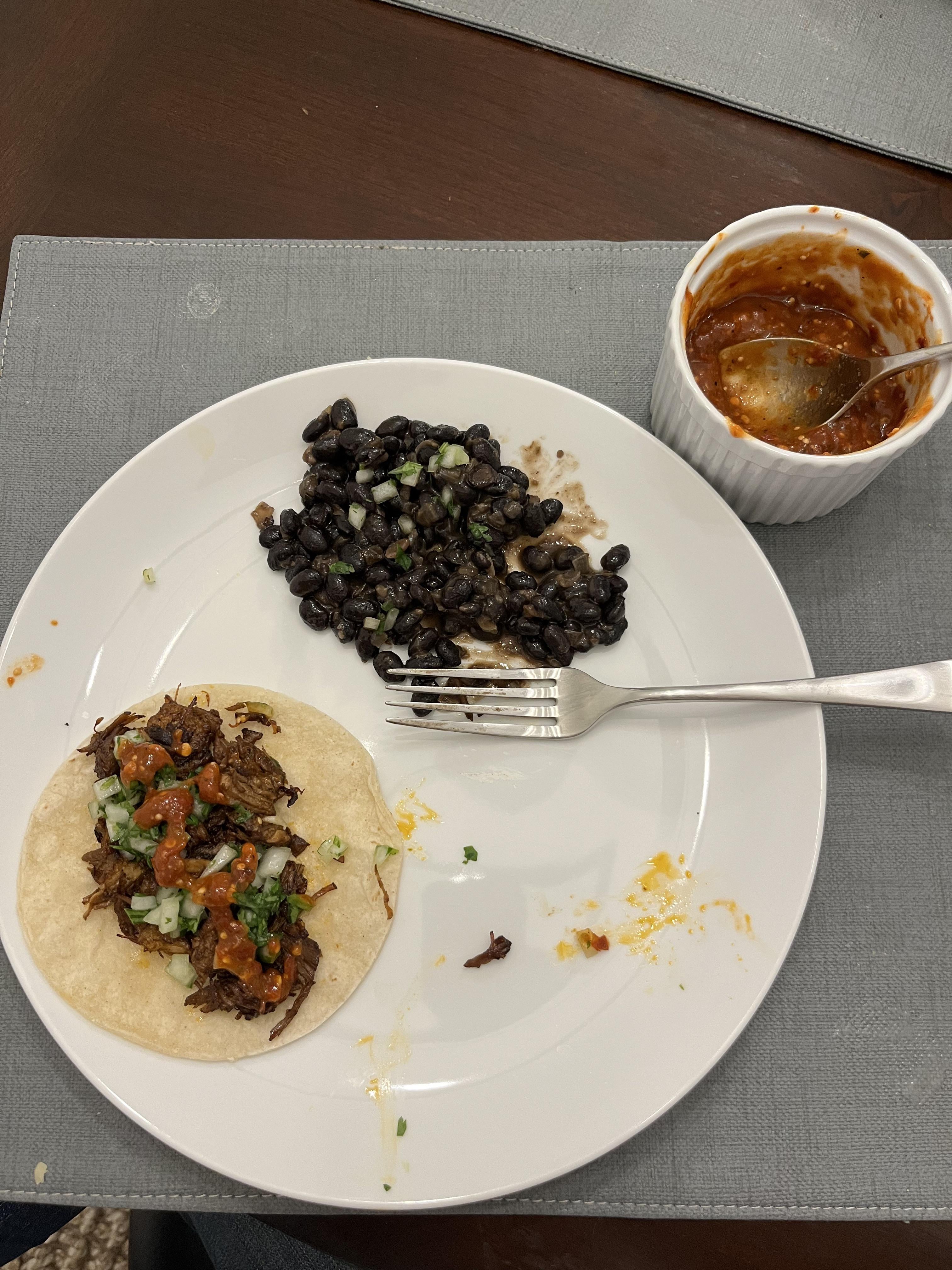 Chilorio + Arbol Tomatillo Salsa from Rick Bayless Dining and Cooking