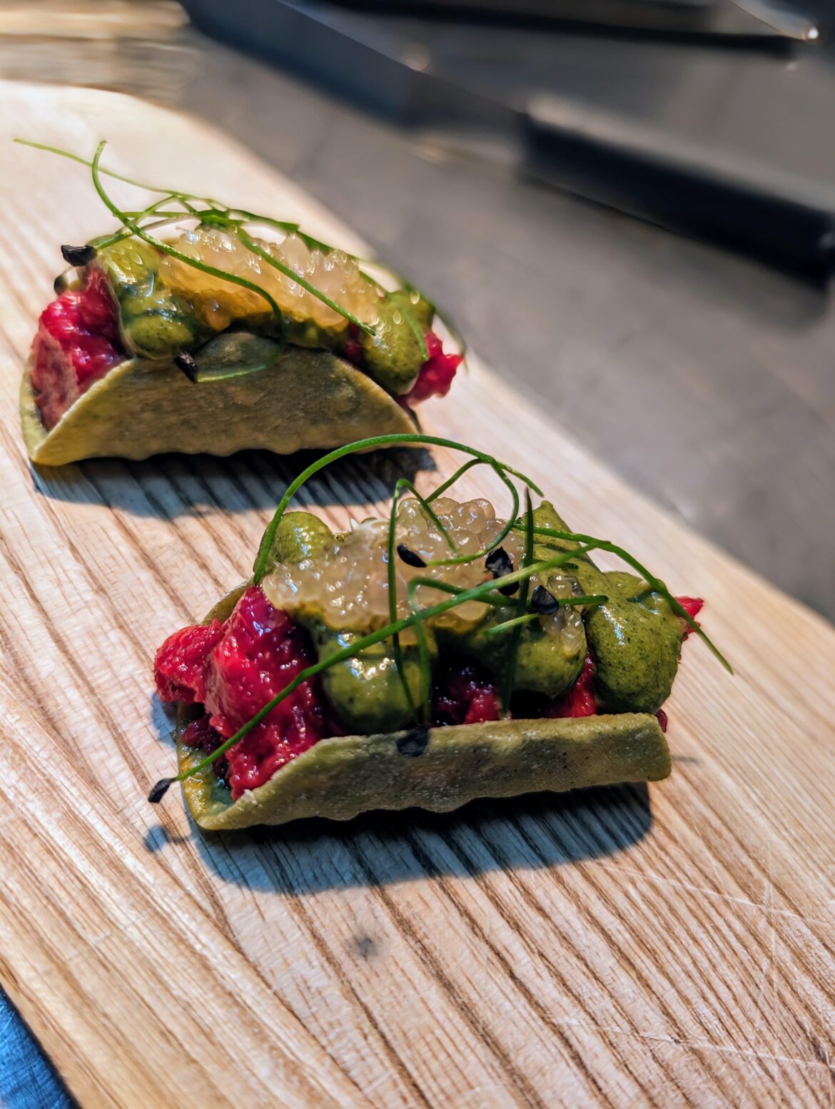 Amuse: Mini herb-taco| Vegan tartar| Wild garlic-pistachio mole| Fingerlimes| Rock chives cress