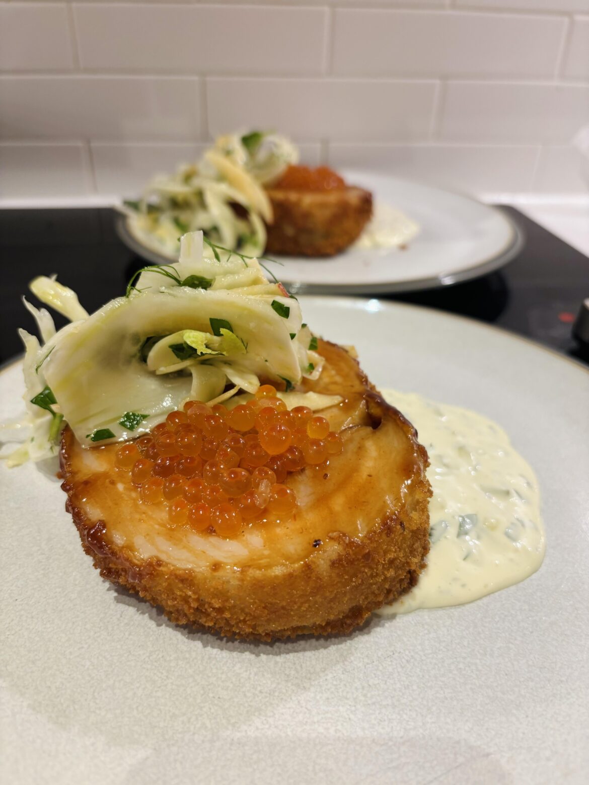 Roasted Pork Belly Katsu With Fennel Apple Salad, Tonkatsu Sauce & Marinated Ikura