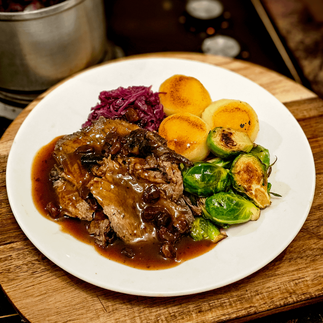 Sauerbraten with kartoffelknödel, rotkohl, and Rosenkohl (&amp;quot;Sour&amp;quot; beef ...