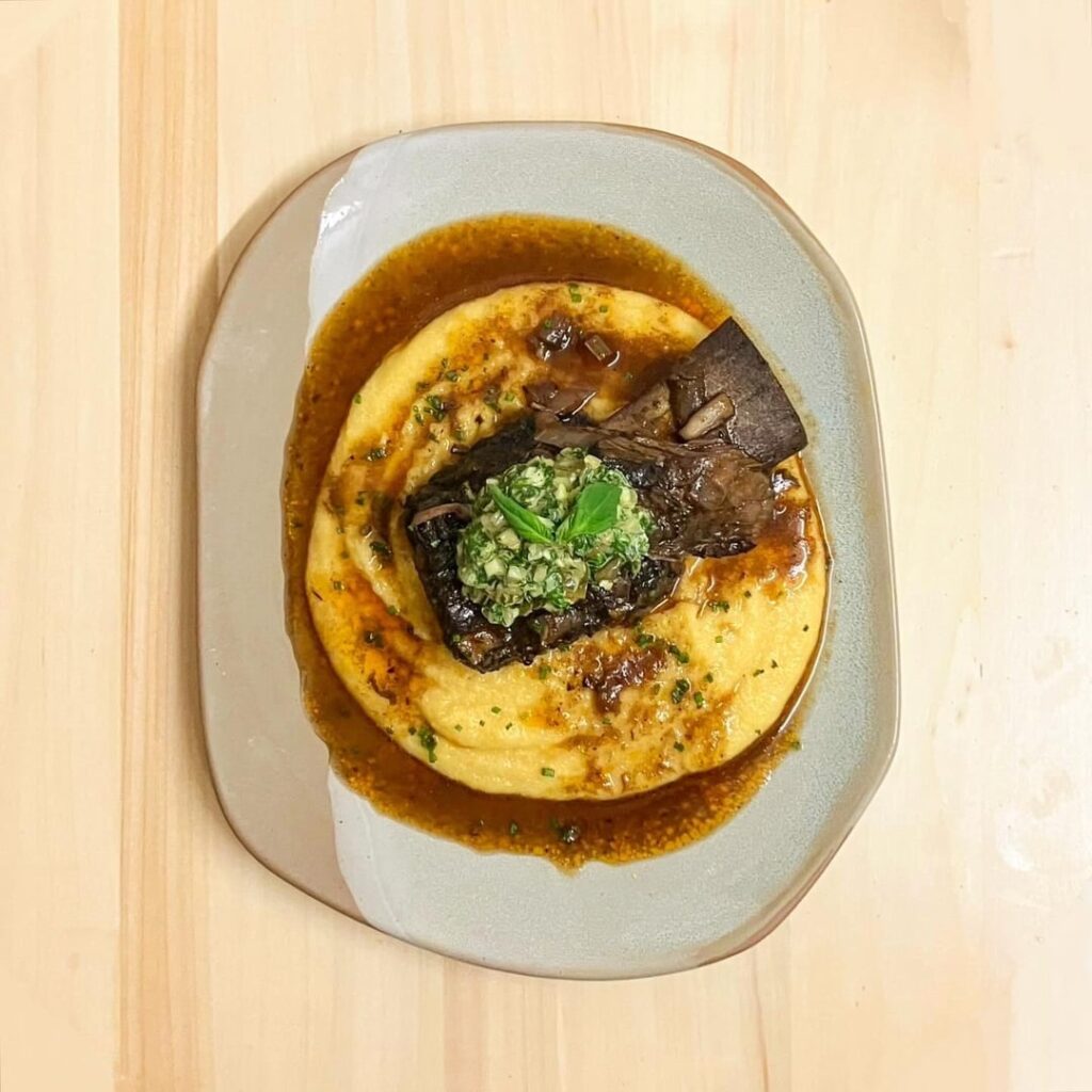 Braised Beef Short Rib in Red Wine Sauce, Parmesan Polenta, Salsa Verde
