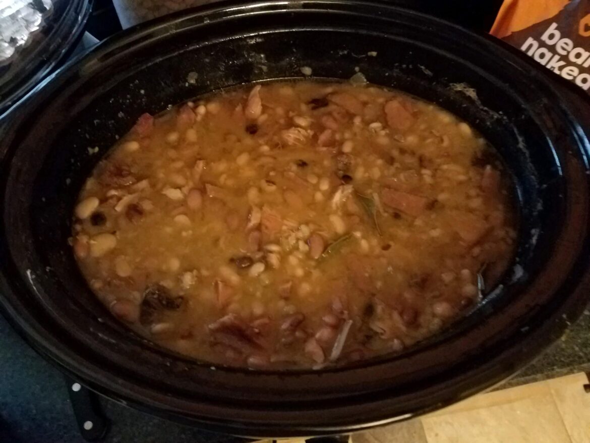 Easter Ham revisited! 15 dried beans soaked-ham bone from Easter ham-bay leaves-ham! See comments for full recipe! SOOO good!