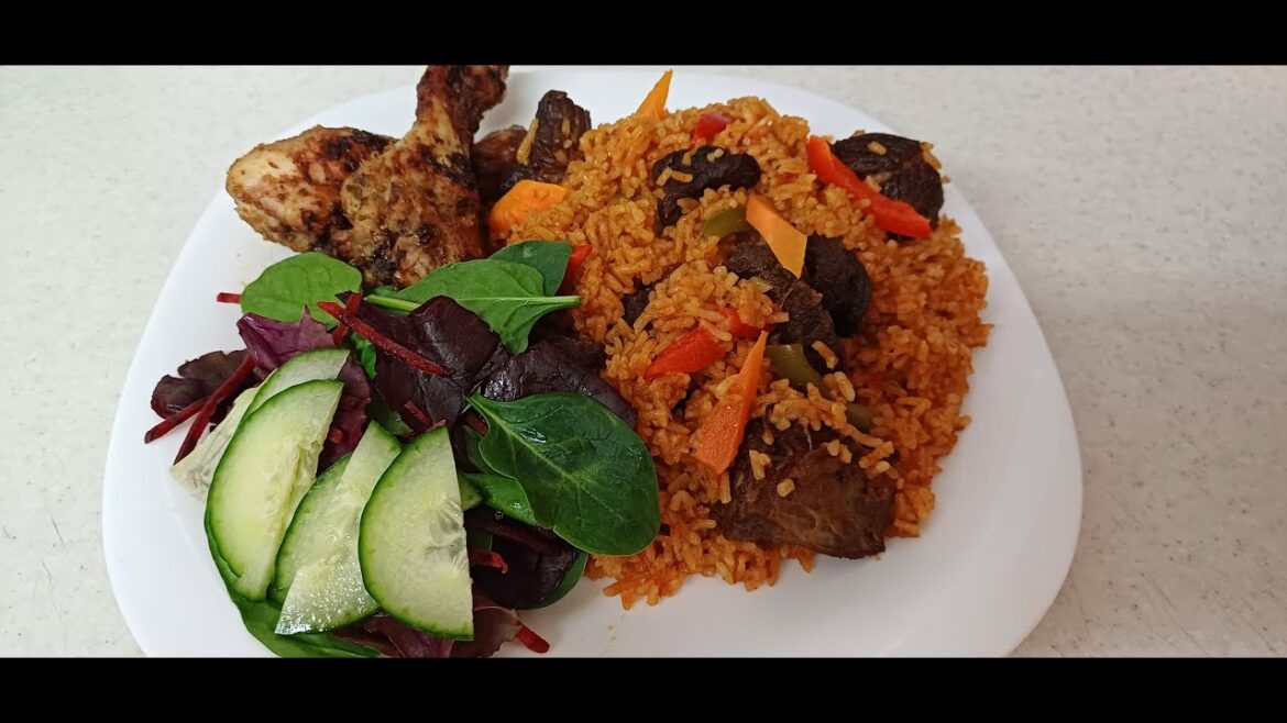 Jollof Rice With Beef And Oven Grilled Chicken.