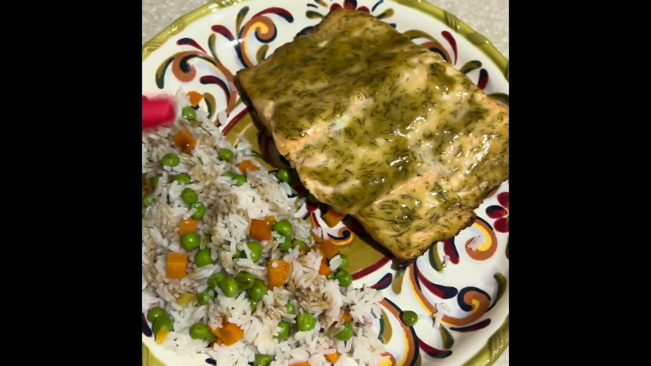 IKEA’s dill and mustard sauce over barbecue salmon with rice and veggies Dining and Cooking