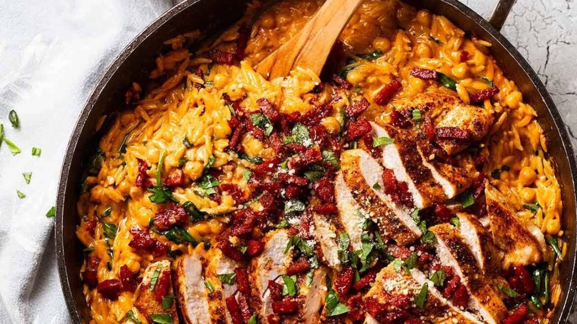 One pot chicken risoni (orzo) with crispy salami!