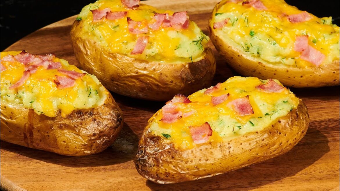 The best recipe of Baked potato with cheese and bacon.