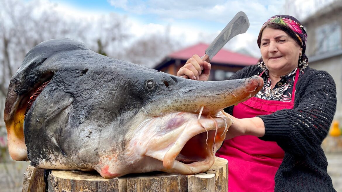 Grandma's Monster STURGEON Head Soup Recipe: Unique Fish Cooking Technique!