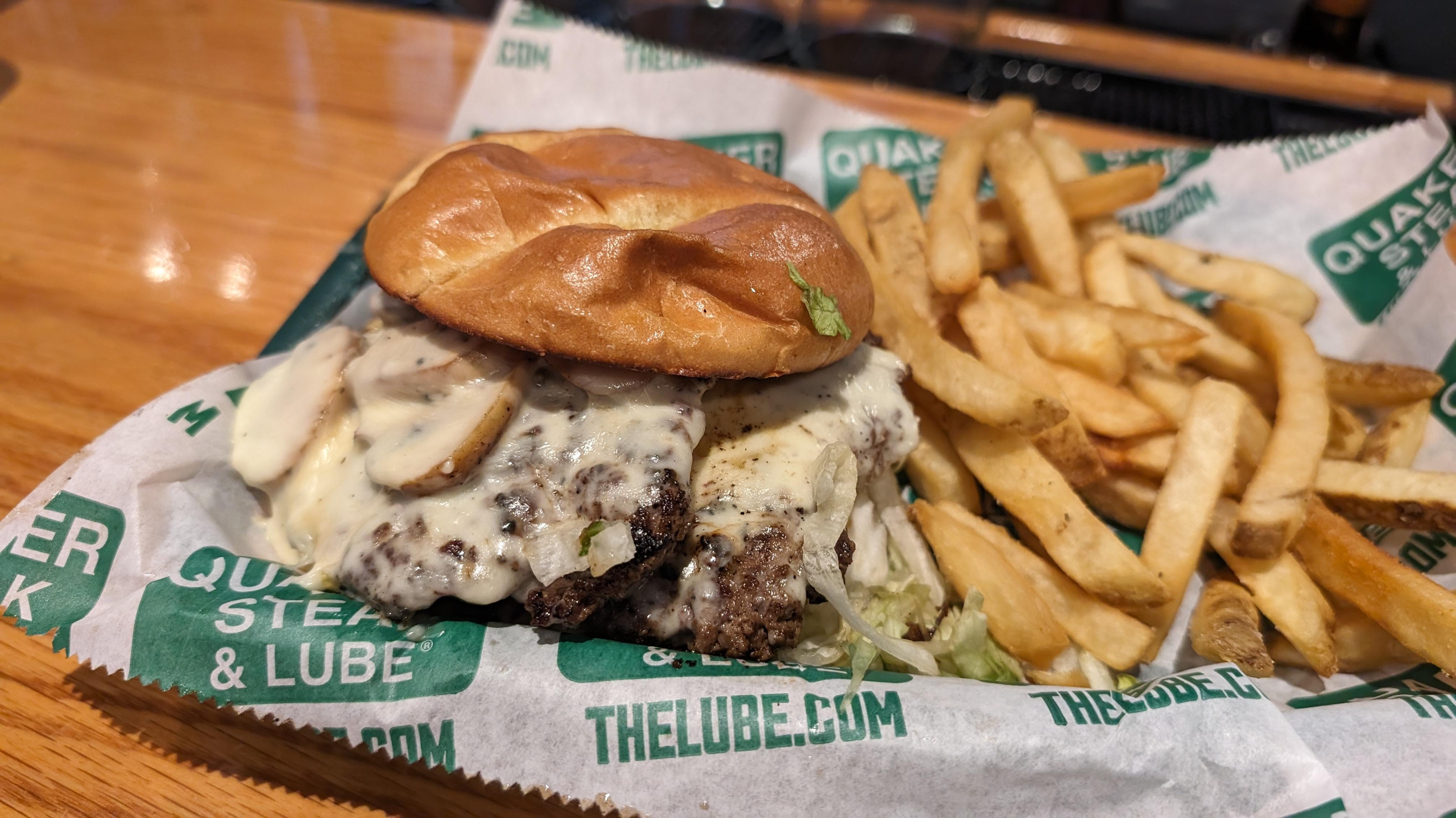 Double Smashed Garlic Burger, Quaker Steak & Lube in Sandusky, Ohio