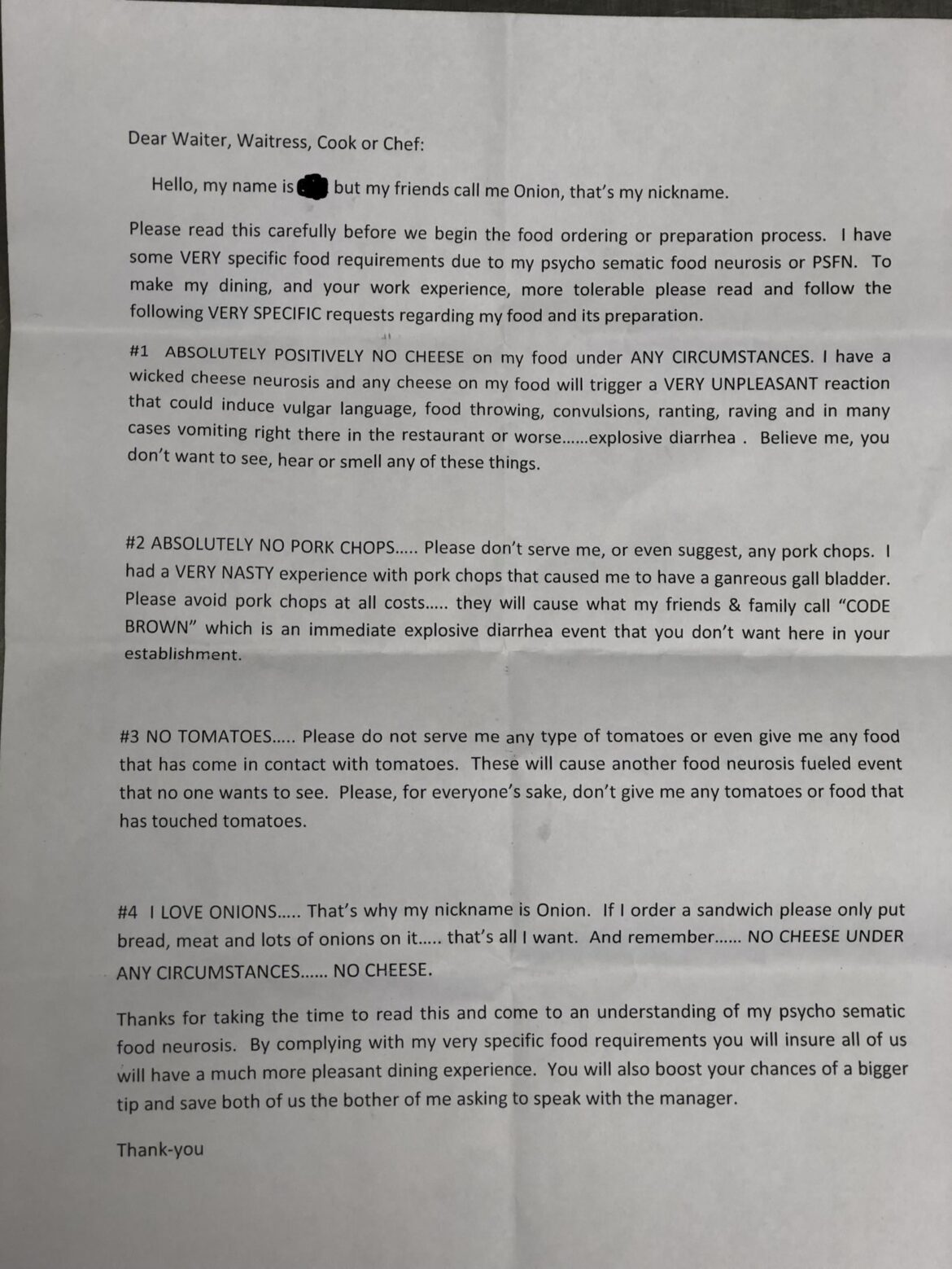 A very real note passed to me by a customer at my *pizza* restaurant