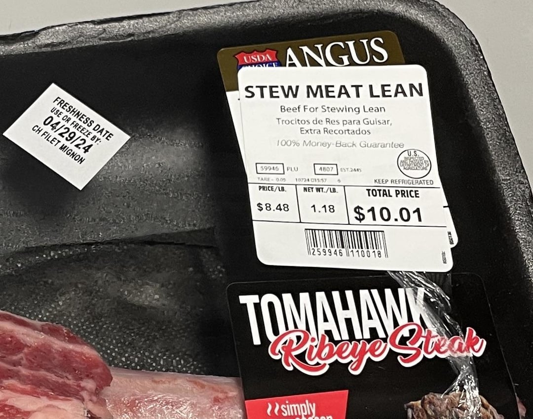 Mislabeled Tomahawk Steak. Price sticker says stew meat, Use By date