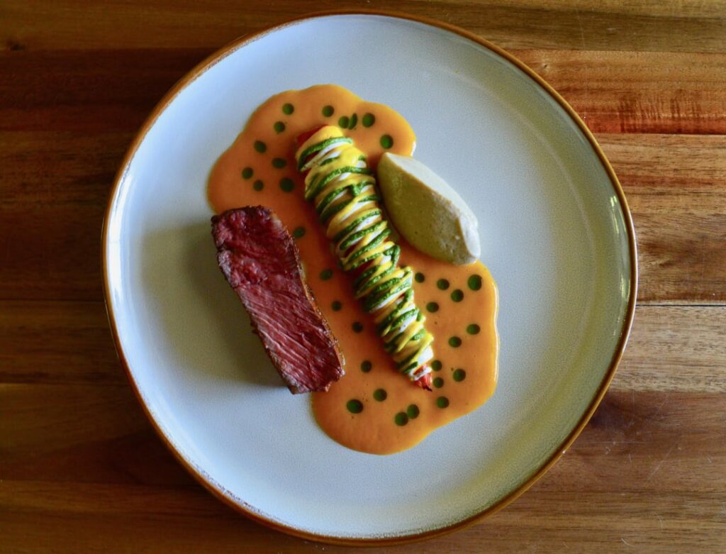 Ras El Hanout Crusted Ribeye, Carrot, Chermoula, Eggplant, Sumac Yogurt